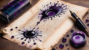 Inkstains, small lavender pen, horror theme, wallpaper, high quality, beautiful, highly detailed, 8k, crooked parchment paper,