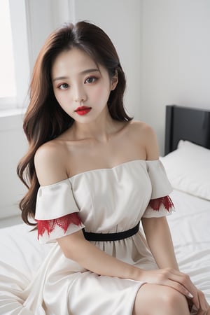 (Image of Ji-Yu Chae-Won Choi, 19-year-old, in a white off-shoulder dress with no makeup look and bloody red lipstick, sitting on a white bed in a white room), (Cute, Sexy, Expressive Eyes, Long Silky Hair, Perfect Female Form), (Professional DSLR camera), (Portrait lens with a wide aperture), (Midday), (Fashion photography), (Vibrant Fuji Provia 100F film)