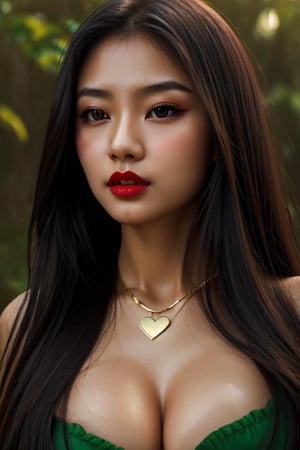 19 year old girl, asian girl, cute, sexy, perfect female form, expressive eyes, long hair, silky hair, mid day, vibrant colors, heavy make-up, bloody red lipstick, gold necklace, cleavage, greenary background,perfecteyes, heart melting, lovely, seductive