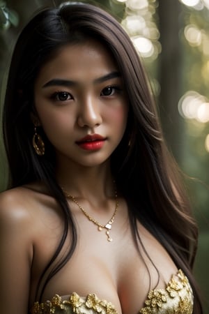 (masterpiece, best quality:1.4), (beautiful, aesthetic, cute, adorable:1.2), (depth of field:1.2), 17 year old girl, asian girl, cute, sexy, perfect female form, expressive eyes, long hair, silky hair, mid day, bokeh, vibrant colors, heavy make-up, bloody red lipstick, gold necklace, cleavage, greenary background,perfecteyes, heart melting, lovely, seductive