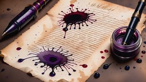 Inkstains, small lavender pen, bloody background, horror theme, wallpaper, high quality, beautiful, highly detailed, 8k, crooked parchment paper,