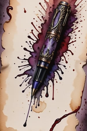 small lavender pen, bloody background, horror theme, Inkstains, high quality, beautiful, highly detailed, 8k, crooked parchment paper,