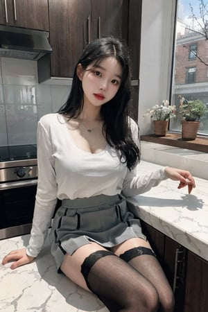 RAW photo of Su-Bin Kang, 18 years old, sitting on kitchen_countertop, perfect female form, (Industrial Net Stockings), raytracing