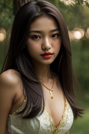 (masterpiece, best quality:1.4), (beautiful, aesthetic, cute, adorable:1.2), (depth of field:1.2), 17 year old girl, asian girl, cute, sexy, perfect female form, expressive eyes, long hair, silky hair, mid day, bokeh, vibrant colors, heavy make-up, bloody red lipstick, gold necklace, cleavage, greenary background,perfecteyes, heart melting, lovely, seductive