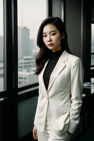 Portrait of Jiwoo Yang in a sleek business suit, professional, sexy, confident, determined, 35mm film, vintage camera, soft evening light, classic black and white film.