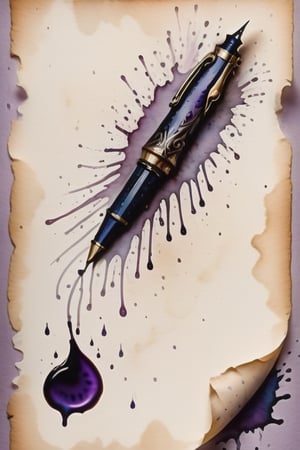 lavender coloured small pen, scary background,  Inkstains, high quality, beautiful, highly detailed, 8k, crooked parchment paper,