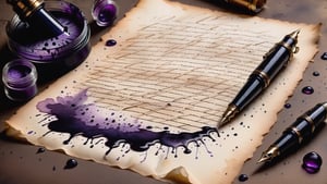 Inkstains, small lavender pen, horror theme, wallpaper, high quality, beautiful, highly detailed, 8k, crooked parchment paper,