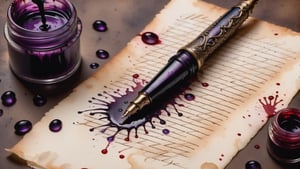 small lavender pen, bloody background, horror theme, Inkstains, high quality, beautiful, highly detailed, 8k, crooked parchment paper,