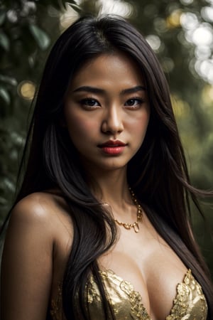 (masterpiece, best quality:1.4), (beautiful, aesthetic, cute, adorable:1.2), (depth of field:1.2), 25 year old girl, asian girl, cute, sexy, perfect female form, expressive eyes, long hair, silky hair, mid day, bokeh, vibrant colors, heavy make-up, bloody red lipstick, gold necklace, cleavage, lots of cleavage, greenary background,perfecteyes,