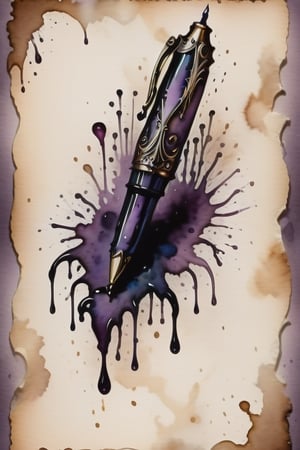 lavender coloured small pen, scary background, horror theme, Inkstains, high quality, beautiful, highly detailed, 8k, crooked parchment paper,