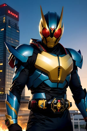 (8K,  raw,  proffesional,  top-quality),  (realisitic,  Photorealsitic:1.2),  perfect anatomy,  (Highest Detail Face:1.2),  Front lighting,  A dark shadow threatened the city。Kamen Rider Exword。Navy blue and golden body、Wearing a transformation belt、Burning with a Righteous Heart,  He follows the minions of darkness Defeat。The battle rages、The Last Enemy Appears。Join forces in the special move Evolt Lunado、Kamen Rider defeats the Lord of Darkness。, punch, 