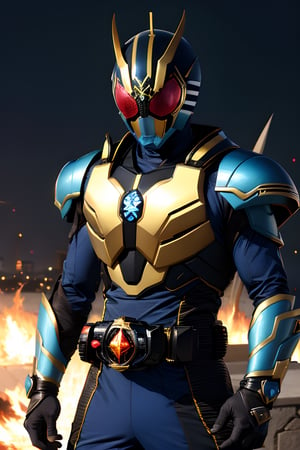 (8K,  raw,  proffesional,  top-quality),  (realisitic,  Photorealsitic:1.2),  perfect anatomy,  (Highest Detail Face:1.2),  Front lighting,  A dark shadow threatened the city。Kamen Rider Exword。Navy blue and golden body、Wearing a transformation belt、Burning with a Righteous Heart,  He follows the minions of darkness Defeat。The battle rages、The Last Enemy Appears。Join forces in the special move Evolt Lunado、Kamen Rider defeats the Lord of Darkness。, punch, 