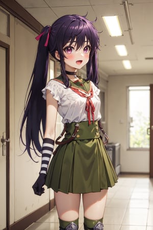 masterpiece, best quality, blush, 1girl, cowboy shot, solo, ebikurumi, long hair, twintails, open mouth, fang, purple eyes, purple hair, knee pads, school uniform, serafuku, green skirt, pleated skirt, striped gloves, black choker, suspenders, hair ribbon, smile, indoors, school hallway, looking at viewer, depth of field,ebikurumi