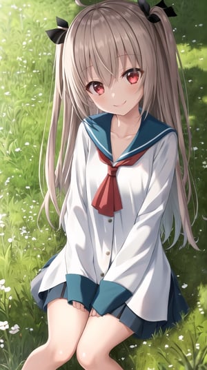 atri,1girl,red eyes,solo,ahoge,arms behind back,long hair,full body,shoes,sailor dress,black ribbon,ribbon,brown footwear,sailor collar,hair ribbon,loafers,hair between eyes,blue sailor collar,two side up,blush,very long hair,see-through,smile,neckerchief,red neckerchief,wide sleeves,collarbone,white skirt,see-through skirtlake,sitting,grass, 