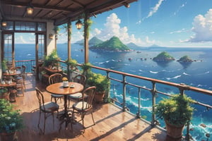 painting of balcony with ocean view, bright, anime background art, relaxing concept art, anime scenery concept art, immensely detailed scene, a beautiful artwork illustration, detailed scenery, studio ghibli environment, environment design illustration, highly detailed scene, beautiful anime scene, anime scenery, detailed soft painting, ghibli studio style, environment painting,EpicSky,a cup of warm coffee,small coffee shop,kitakoumae,6000,shrubs,coffeeyadream