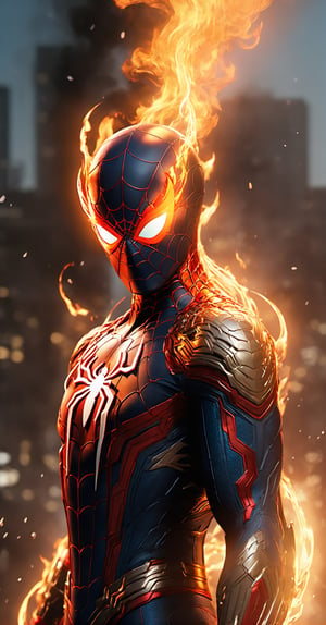 The model Spider-man: "Imagine a visually stunning masterpiece of the spider-man, brought to life in breathtaking 8K Ultra HDR quality. spider-man stands tall with a perfect, muscular body that exudes power and strength. His physique is chiseled, and every detail of his physique is finely sculpted. He's clad in a suit of flame fire armor that seems to be forged from the depths of hell itself. The armor burns with a fiery intensity, radiating heat and glowing with intense, burning reds and oranges. It clings to his body, accentuating his powerful form and menacing presence. In spider-man's grasp, a hot, burning red chain crackles with infernal energy. The chain seems to be ablaze, its links glowing with an otherworldly intensity. spider-man holds it with an air of deadly confidence, ready to unleash its fiery wrath. The background of this highly detailed image is a raging inferno, a sea of flames that engulfs the scene. The fire dances and roars, casting dynamic shadows and creating a fiery halo around spider-man. The image is a true masterpiece, capturing spider-man's deadly appearance in all its glory, with unparalleled detail and intensity.", octane render, dripping paint,bingnvwang