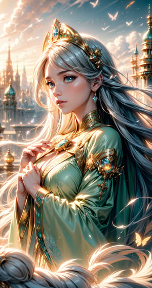 ((serene girl)) A city on clouds, with flowing hair,detailed face, detailed eyes, detailed hands, vivid and lively surroundings, tall and elegant buildings, airships in the sky, enchanting gardens, calm and tranquil mood, magical atmosphere, benevolent deity's reign over a sky kingdom, inhabitants living harmoniously with nature, distinct and beautiful architectural style, breathtaking landscape.