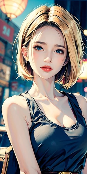 android 18,1girl, blush, tank_top