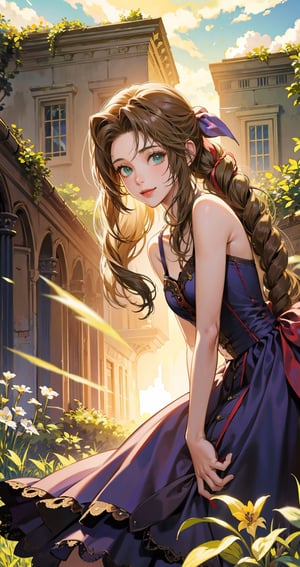 1girl, girl focus, aerith gainsborough,  final fantasy,smile ,at ruined church with a lot of flower, cloud strife falling down at background, masterpiece, best quality, very aesthetic, absurdres,newest,ai-generated,intricate