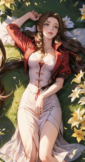 1girl, aerith gainsborough, final fantasy, lying back on flowers, from above, masterpiece, best quality, very aesthetic, absurdres,newest,ai-generated,aerith gainsborough