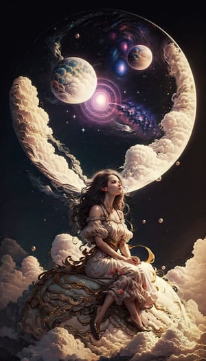 blue eyes, black hair,very long hair,white bodycon clasical dress,red flower prints,focus 1girl,focus face,look at viewer,beautiful face ,  in park, cloudy, starry sky, milky way, sunset, high quality, highres,high detailed,high detailed face , masterpiece,8k, epic,dust particles,sitting moon,Circle,wings,EpicArt,