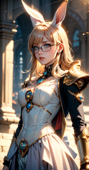 (Best Quality, highly detailed, Masterpiece:1.2), 16k, depth of field, Scenes with high tension, camera movement, anime Characters, dim lighting, Depth of field, details skin Texture, clothes Normal, grey tone, steampunk style, extreme closeup, woman, Scholars, mecha rabbit ears,  glasses, mecha armor on the arm, shoulder armor, Rusty, white blouse, ascot, Jodhpurs, Nobles clothes, giant clock background, Precision clock, Hollow out clock, glass, Clock Tower, Industrial era, smoke spark, dust, glowing effect, (Fantasy aesthetic style), (realistic light and shadow), (real and delicate background),mecha