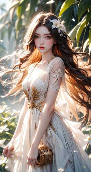 Create an artwork of a person with long, flowing hair intertwined with an array of white and orange flowers, wearing a garment that harmonizes with the botanical surroundings. The overall atmosphere should evoke an ethereal and dreamlike essence. 



 