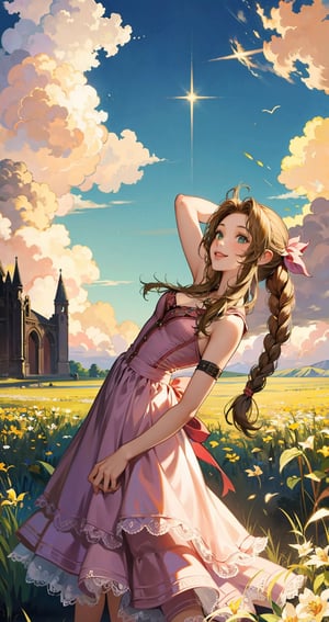 1girl, girl focus, aerith gainsborough,  final fantasy,smile ,at ruined church with a lot of flower, cloud strife falling down at background, masterpiece, best quality, very aesthetic, absurdres,newest,ai-generated,intricate