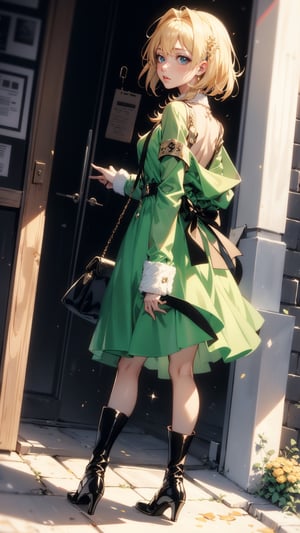 Anime,Alice, anime style, blue eyes, dark Green dress with a karset, white small skirt, black green sleeves, black green glove on the right hand, Gold bows on the forearms, long black boots ending with royal trims, yellow with blue stones tied, blond hair, yellow coat, stetson with black and yellow roses,n_2b,asian girl