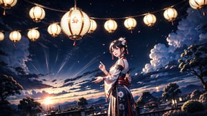 1 girl standing in a garden on a mountain,flowy short dress,lace,ornate details,big detailed eyes looking at viewers,hair ornament,floral arrangement,lanterns,4k ,windy,photorealistic,depth of field,highly detailed,quju,hanfu,shoes,kirara /(genshin impact/), playfull, happy, 1girls, moon, goyounjung,