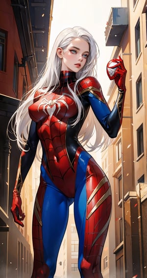 Masterpiece, super detailed , high quality, photorealistic photograph of a woman in Spiderman suit, made of Iron macha, no strecthes Red and Gold color combination,  high contrast, maximalist, super detailed, rough detailed suit ,sunkissed beauty, standing in abondoned building, vivid colors, long hair, soft silky smooth oily skin, beautiful girl, detailed maximalist background, inspiration from Marvel Spiderman. white hair, american girl, gorgeous beauty, (holding spiderman Mask in hand__),spideyadv2