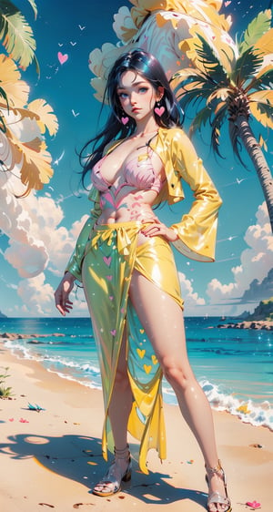 art by Cornflower, dreamy, (A beautiful, teenaged, anime-style girl with blue eyes and long, black hair, wearing a pale yellow, shiny, long-sleeved, open-chest, long skirt swimming suit with a pink, white, and yellow, heart on it is posing with her hands on her hips, in front of a beach and a bright, blue sky with clouds in it, there are palm trees in the background on both sides of the picture, and there are lots of blue and yellow fish swimming in the ocean, and there is a police helicopter with lights on it flying over the girl)