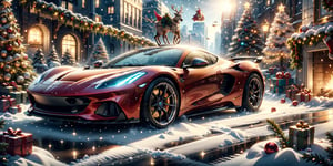 photorealistic, ,best quality,masterpiece,highly detailed,ultra-detailed,a futuristic sports Car in a christmas city. 4k 3d render unreal engine 5 rendered with blender and octane global illumination from photorealistic hyper realism concept ,ChristmasDecorativeStyle