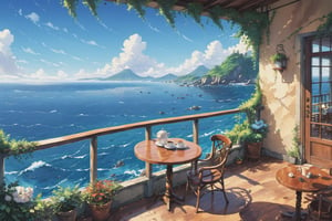 painting of balcony with ocean view, bright, anime background art, relaxing concept art, anime scenery concept art, immensely detailed scene, a beautiful artwork illustration, detailed scenery, studio ghibli environment, environment design illustration, highly detailed scene, beautiful anime scene, anime scenery, detailed soft painting, ghibli studio style, environment painting,EpicSky,a cup of warm coffee,small coffee shop,kitakoumae,6000,shrubs,coffeeyadream,vibrance color, 