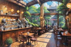 painting of inside caffe, bright, anime background art, relaxing concept art, anime scenery concept art, immensely detailed scene, a beautiful artwork illustration, detailed scenery, studio ghibli environment, environment design illustration, highly detailed scene, beautiful anime scene, anime scenery, detailed soft painting, ghibli studio style, environment painting,EpicSky,a cup of warm coffee,small coffee shop,kitakoumae,6000,shrubs,coffeeyadream