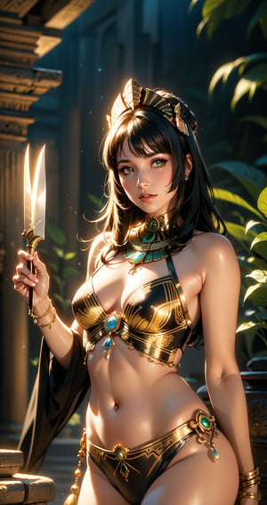 Best quality, Masterpiece, Ultra High Resolution, (Fidelity:1.2), (Realistic:1.3), 1woman, mature Egyptian woman, green eyes, black hair flaps, portrait, solo, upper body, looking at viewer, detailed background, detailed face, ancient Egyptian theme, feral jungle warrior, pink tribal clothing, obsidian, defensive stance, stone knife, bushes, poisonous plants, rocks,  humid climate, darkness, cinematic atmosphere,
dark chamber, dim light (zentangle, mandala, tangle, entangle), (golden and green tone:0.5)
(35mmstyle:1.1), front, masterpiece, 1970s film, cinematic lighting, photo-realistic, high frequency details, 35mm film, (film grain), film noise,Shiny_skin,egyptian,full body,sangonomiya kokomi (sparkling coralbone)