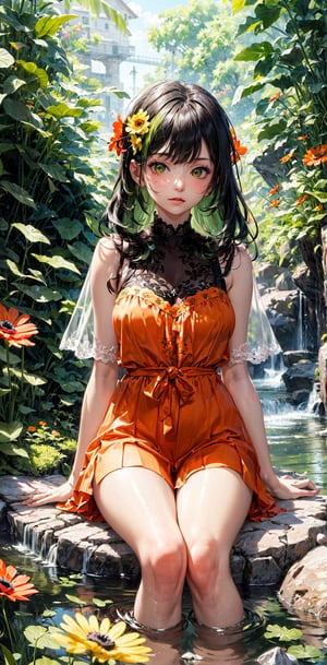 Watercolor painting, (Beautifully Aesthetic:1.2), (1girl:1.3), (very long, colorful hair,  green/dark hair:1.2), sit on the rock, clear water with reflection, natta,ella freya, colorful, (green/orange Lace transparent:1.2),

20-year-old girl, fairy princess, green clothes, nature clothes, nature panorama, sweet, beauty gril,

Orange and yellow anemone flowers bloom around, Anemone blooming on the head, art by mugen_ngk,High detailed ,kaede,FFIXBG