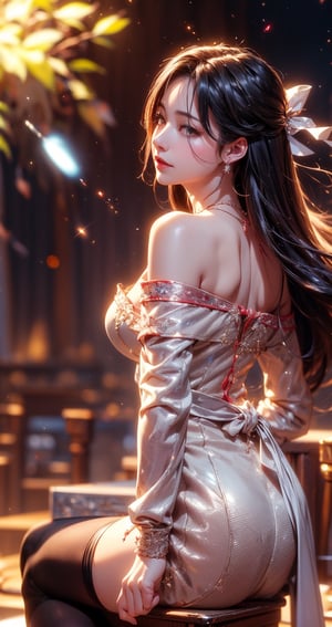 (masterpiece, Highest quality, Very detailed、 Dutch Angle、Semi-realistic、Fantasy)(One Girl, alone)(Silver Hair,,Straight Long Hair)(Wearing Han clothes, Royalty、White and red Hanfu,Thick fabric,Long sleeve)、((Off the shoulder、medium breasts, Beautiful cleavage、ruby ​​necklace))((Above the knee tights))(from backside),(Beautiful starry sky、Mystical Night、Particles of light float around the woman、Fantastic space)