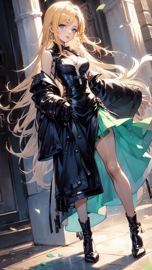 Anime,Alice, anime style, blue eyes, dark Green dress with a karset, white small skirt, black green sleeves, black green glove on the right hand, Gold bows on the forearms, long black boots ending with royal trims, yellow with blue stones tied, blond hair, yellow coat, stetson with black and yellow roses,n_2b,asian girl,long skirt,high_school_girl,Android_18_DB,defTifa