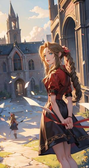 1girl, girl focus, aerith gainsborough,  final fantasy,smile ,at ruined church with a lot of flower, cloud strife falling down at background, masterpiece, best quality, very aesthetic, absurdres,newest,ai-generated,intricate