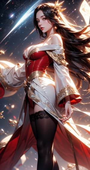 (masterpiece, Highest quality, Very detailed、 Dutch Angle、Semi-realistic、Fantasy)(One Girl, alone)(Silver Hair,,Straight Long Hair)(Wearing Han clothes, Royalty、White and red Hanfu,Thick fabric,Long sleeve)、((Off the shoulder、medium breasts, Beautiful cleavage、ruby ​​necklace))((Above the knee tights))(from backside),(Beautiful starry sky、Mystical Night、Particles of light float around the woman、Fantastic space)