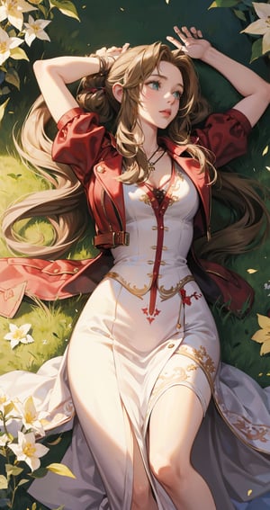 1girl, aerith gainsborough, final fantasy, lying back on flowers, from above, masterpiece, best quality, very aesthetic, absurdres,newest,ai-generated,aerith gainsborough