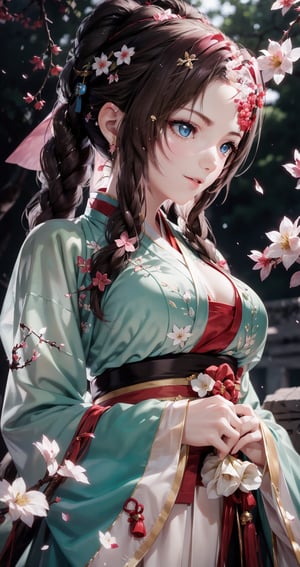 (masterpiece), HD Hanfu women, European and American face, Perfect face, wavy very Long magenta hair, blue eyes, Very charming, big_breasts, happy_face, ,Ancient customs,FF