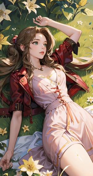 1girl, aerith gainsborough, final fantasy, lying back on flowers, from above, masterpiece, best quality, very aesthetic, absurdres,newest,ai-generated,aerith gainsborough