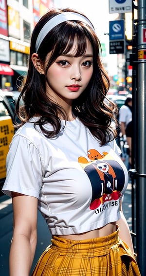 (masterpiece, best quality), beautiful woman, cute printed cropped shirt, pleated skirt, wavy hair, headband, asymmetrical bangs, perfect face, beautiful face, alluring, big gorgeous eyes, soft smile, perfect slim fit body, city streets, seoul, bright colors