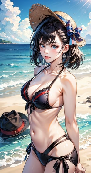 anime girls in bikinis and hats standing on a beach, azur lane style, beach , fine details. girls frontline, realistic bikini, hololive, from girls frontline, fourth of july, girls frontline style, visual novel cg, attire: bikini, from the azur lane videogame, 4th of july, pc screenshot, summer festival night