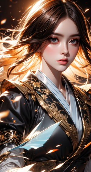 ridiculous resolution, hight resolution, (tmasterpiece: 1.4), super detailed, outer space, floating, onmyoji,Japanese woman, hyper-detailing, warm tones, intricate details, volumetric, art by Iliya Kuvshinov, a glaring eyes, dvArch Modern, 85 mm, f1.8, portraite of a, photo-realistic, A hyper-realistic, orange, Ultra-detailed, intrikate, dramatic, Sunset lighting, eye shadow, wide dynamic range