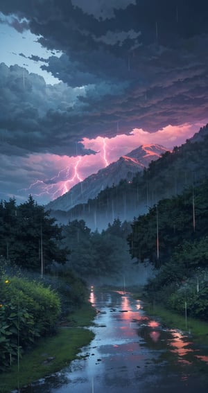 mountain view, vivid color, A lanscape, with dark cloudy sky, rainy, gravel road, lightning, mountain view, beautifull scenary, no human, cumolonimbus, detailed, 8k,  