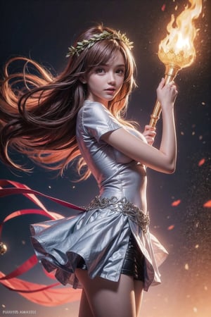 Realistic,young singer,singing, beauty,big_breasts, white gold dress,1 girl, messy_hair,long_hair,slit skirt,short skirt,red hair,royal palace,elegant,glowing,sparkling,flower crown,fire magic circle,18 years old,sexy pose,queen dress,reflection,