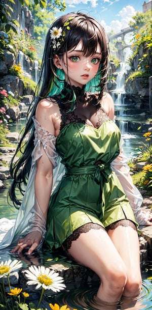 Watercolor painting, (Beautifully Aesthetic:1.2), (1girl:1.3), (very long, colorful hair,  green/dark hair:1.2), clear water with reflection, natta, colorful, (green Lace transparent:1.2),

20-year-old girl, fairy princess, green clothes, nature clothes, nature panorama, sweet, beauty gril,

Orange and yellow anemone flowers bloom around, Anemone blooming on the head, art by mugen_ngk,High detailed ,kaede,FFIXBG